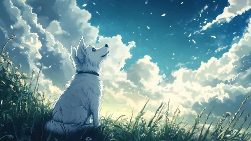 Daydreaming white dog under a wide, wind-swept summer sky.