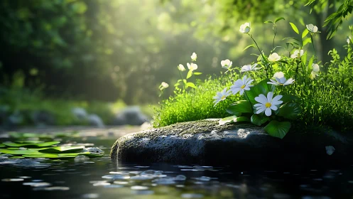 Quiet garden daisies glowing softly beside a forest stream.