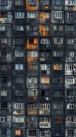 Weathered apartment facade glows with scattered warm windows.