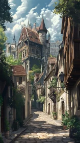 Digital painting of sunlit medieval alley with castle perspective.