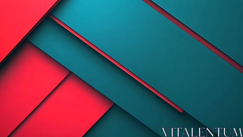 Diagonal teal and red geometric layers with subtle depth shading.