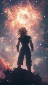 Backlit anime warrior studies erupting nebula-scale energy core