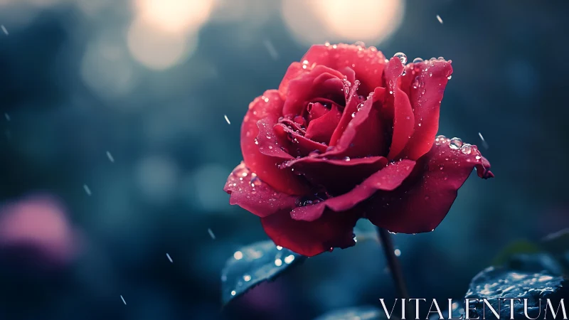 Red rose covered in raindrops against blurred teal background