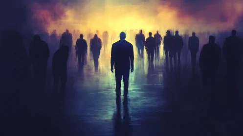 Solitary figure in neon mist among shadowed crowd silhouettes.