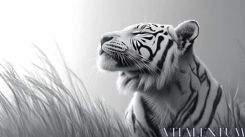 Monochrome white tiger profile in tall grass field environment.