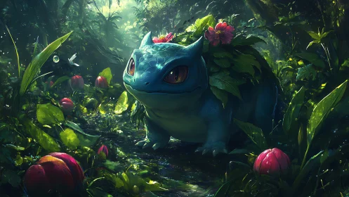 Forest creature with floral shell explores glowing jungle