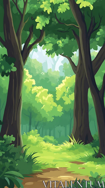 Illuminated Forest Pathway: Layered Canopy Architecture with Chromatic Foliage.