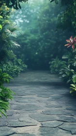 Lush Garden Pathway Through Tropical Foliage Canopy