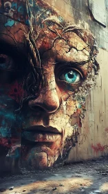 Weathered concrete mural face with roots and cyan irises