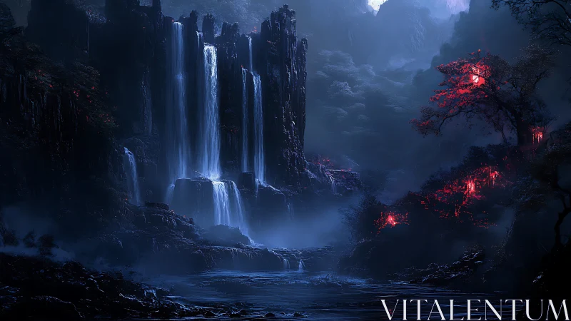 Nocturnal waterfall canyon with bioluminescent crimson trees.