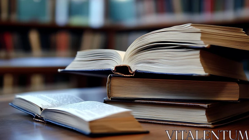 Stacked open books rest on a wooden library table
