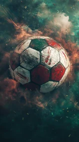 Aged tricolor football spins through smoky teal particulate field