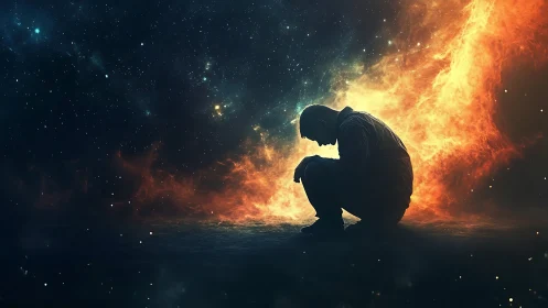 Quiet figure kneeling in cosmic firelit night sky.