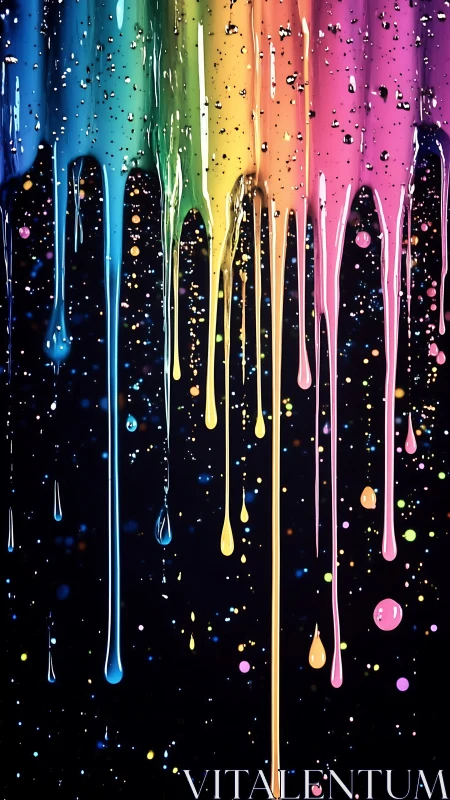 Vertical color drips descend over dark field with suspended droplets