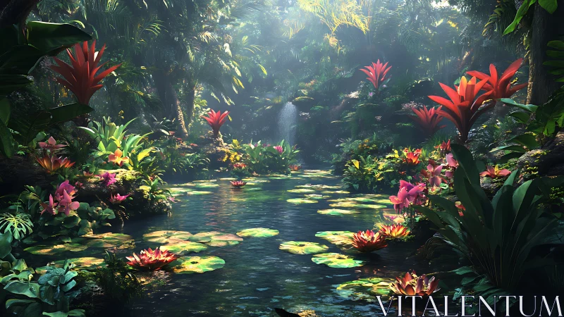 Tropical rainforest lagoon with waterlilies and bromeliads at dawn