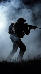 Silhouetted soldier strides through swirling nighttime smoke.