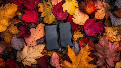 Cozy smartphones resting among a carpet of autumn leaves.