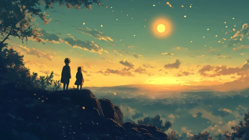 Silhouetted figures observe a luminous anime skyline at dusk