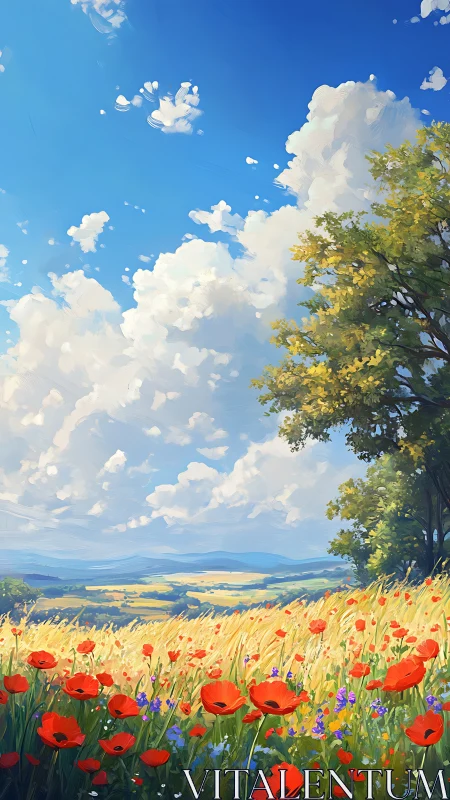 Wildflower meadow with distant hills under summer clouds.