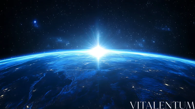 Blue horizon sunrise over Earth’s glowing cosmic shoreline.