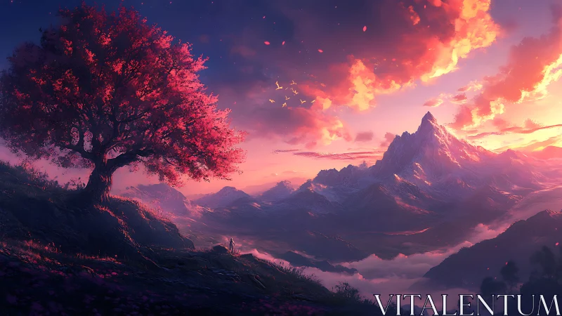 Solitary pink tree overlooks distant snow-covered mountain range