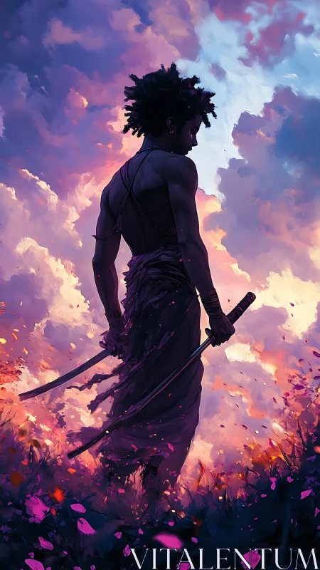 Samurai warrior silhouette against blazing sunset sky.