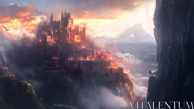 Stormlit ember citadel atop the shrouded mountain gorge.