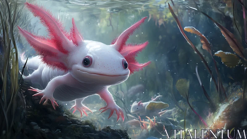 Underwater axolotl with pink gills in aquatic habitat.