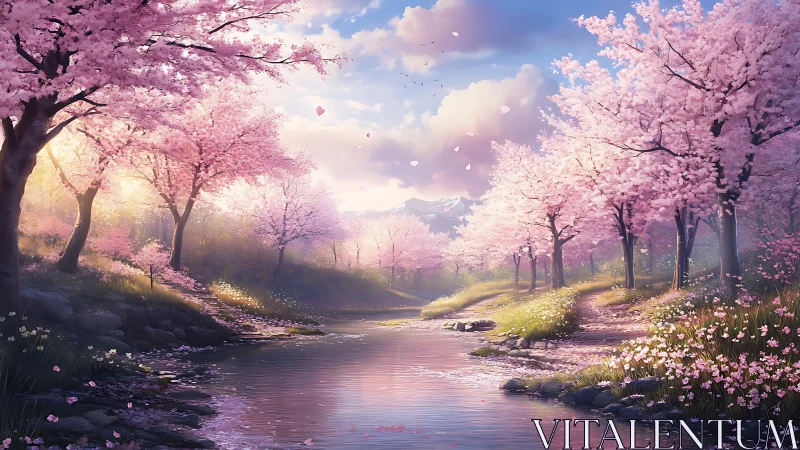 Cherry blossom river valley glows under soft spring sunlight.