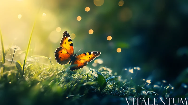 Vibrant orange butterfly on dewy grass with magical sunlight.