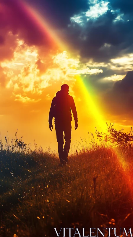 Silhouette figure on hillside under rainbow lit sunset sky.