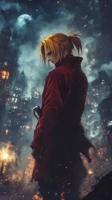 Solitary figure stands against illuminated night skyline