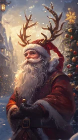 Antler-Crowned Santa in a Snowy, Storybook Christmas Street.