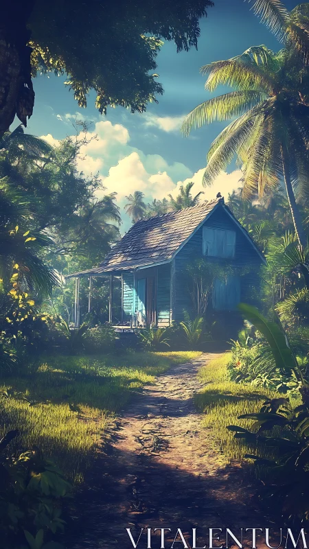 Tropical Cottage Among Palm Groves Under Blue Sky