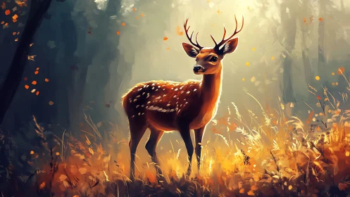 Gentle young deer stands glowing in a sunlit autumn forest
