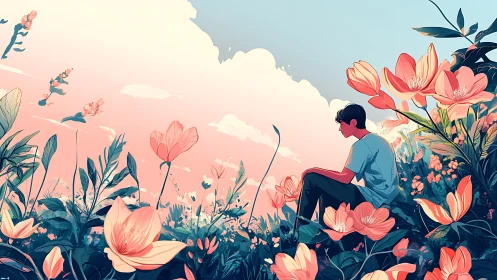 Solitary figure among glowing flowers under pastel sky.