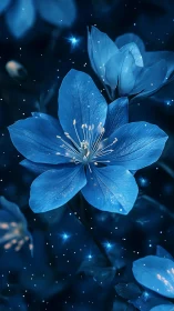 Luminescent Blue Flowers Floating in Cosmic Darkness
