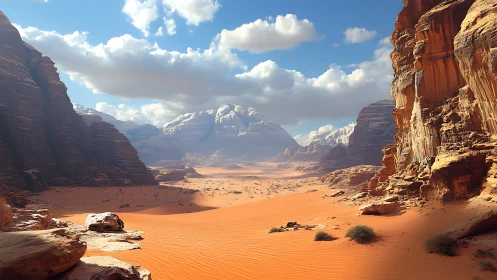Sunlit desert canyon cradling distant snowcapped giants.