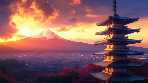 Sunset illuminates five-tier pagoda beside snowcapped Mount Fuji