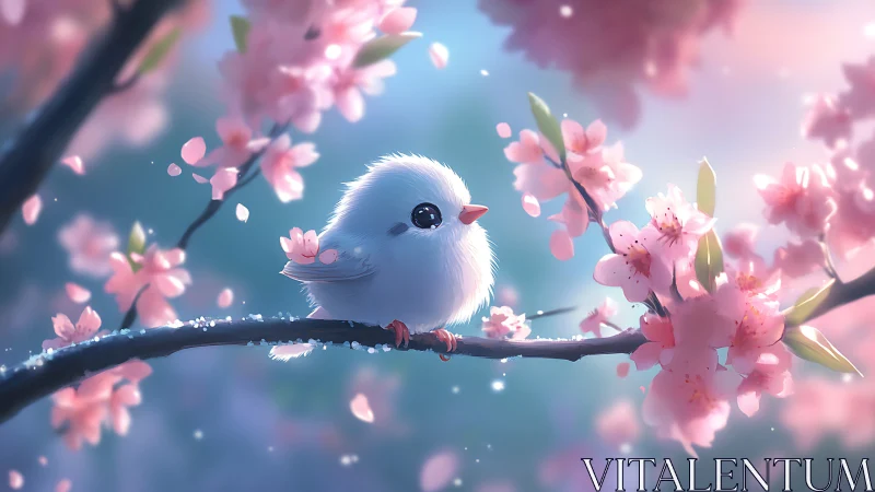 White Bird Perched on Blossom Branch Amid Falling Cherry Petals
