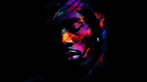 Neon-splashed portrait emerging from shadowed void.