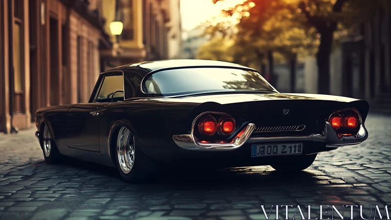 Photorealistic retro coupe on cobblestone street at dusk.