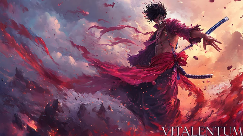 Dynamic warrior in crimson storm, high-impact digital painting.