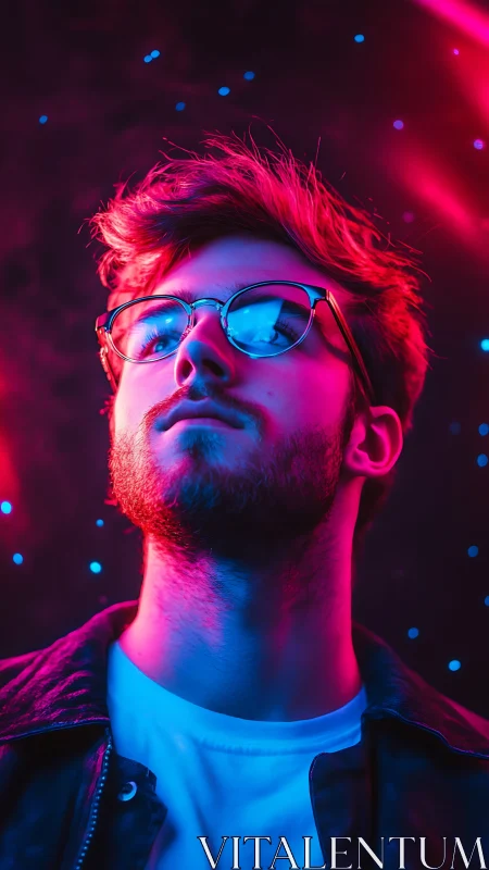 Neon lit dreamer gazes upward in a soft cosmic glow