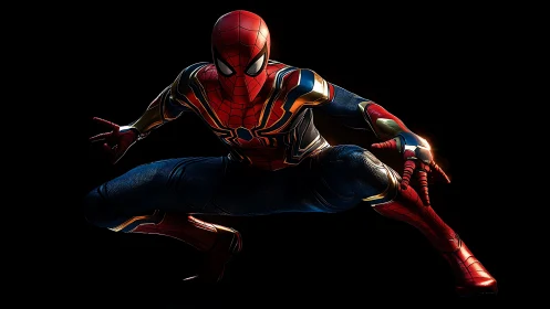 Superhero figure crouches in dynamic pose against black