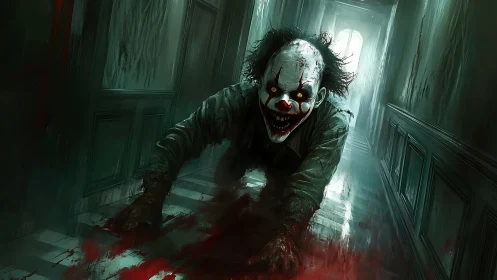 Nightmarish clown crawls through bloodstained corridor