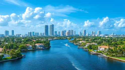 Sunlit canal boulevard beneath a gleaming tropical skyline.