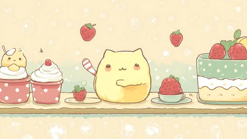 Strawberry Dreams: Cheerful Cat's Sweet Shelf Scene.