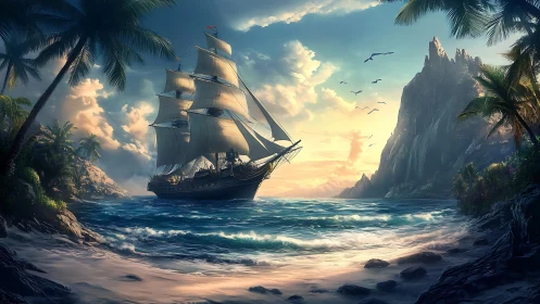 Tall ship sails through tropical cove at glowing sunset