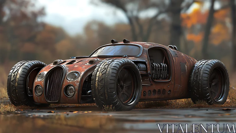 Rust-patinated widebody hot rod with exposed engine and drag tyres